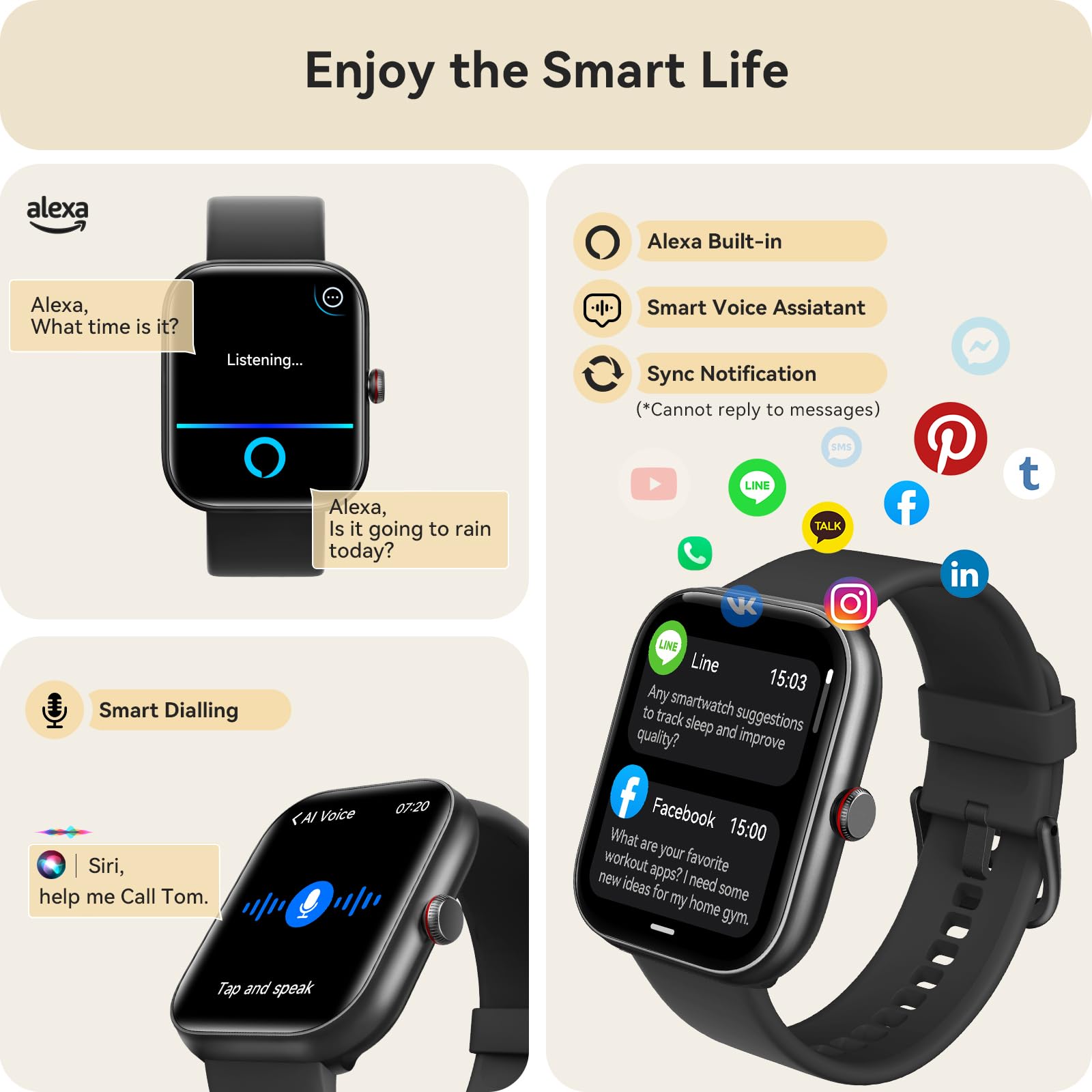 Smart Watch for Women Men, Smartwatch for iPhone & Android Bluetooth (Answer/Call) Built-in Alexa, 1.91