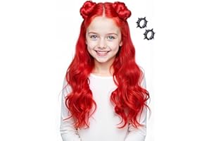 OLIKER Long Curly Red Cosplay Wig with Earrings, Costume Wig for Halloween Party (Red for Children)