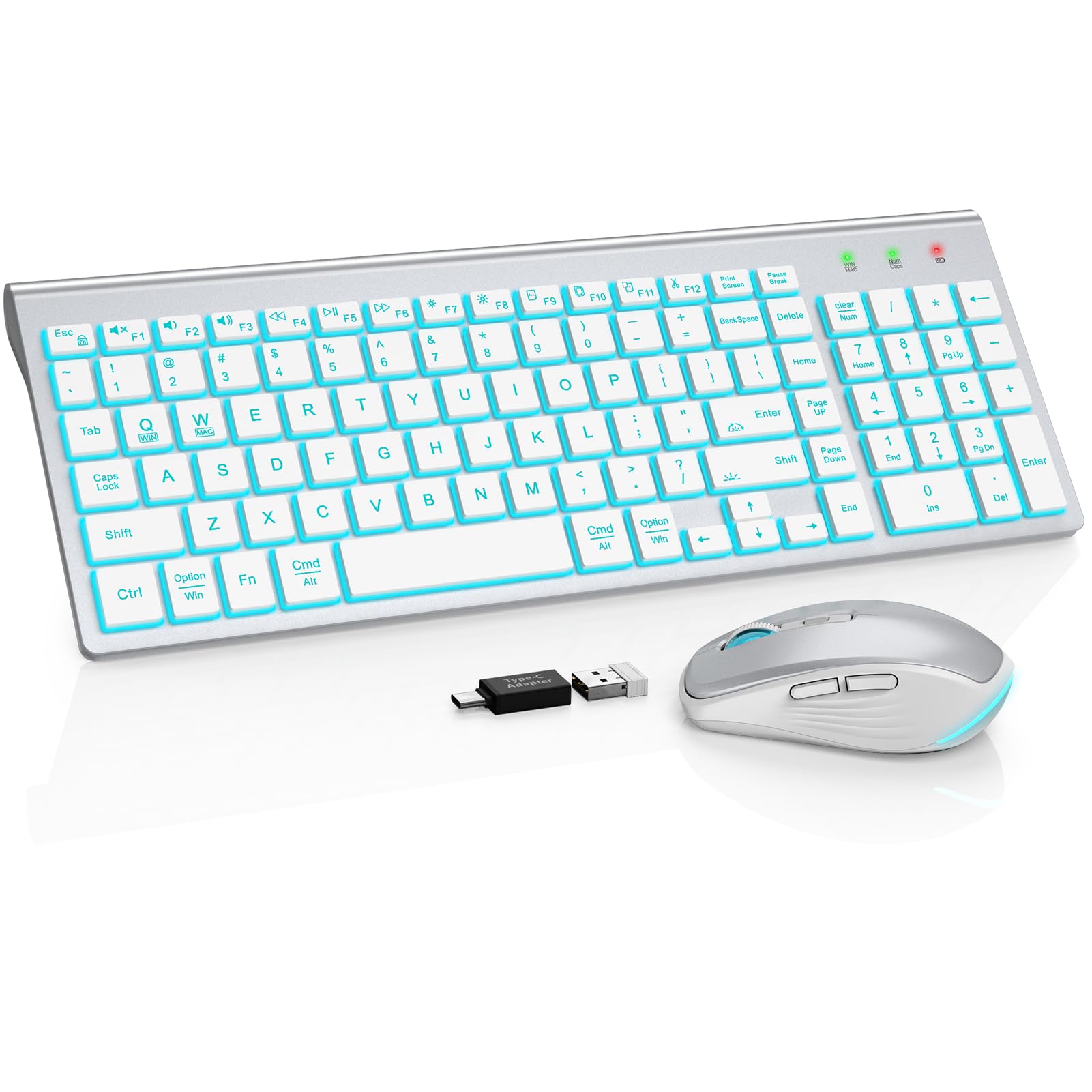 Photo 1 of SABLUTE Wireless Keyboard and Mouse Combo Backlit - Compact Quiet Keyboard with RGB Mouse, Rechargeable, Slim, Sleep Mode, Portable Cordless Set for Mac, Windows, Laptop, PC (Silver White)