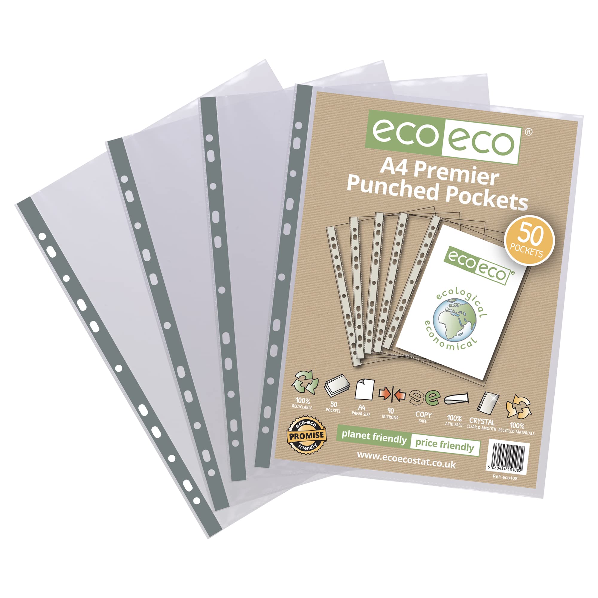 eco-eco A4 100% Recycled Premier Multi Punched Pockets Glass Clear, Transparent Poly Wallet Sheet Protector, 90 Microns (Pack of 50), eco108
