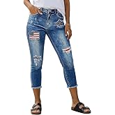 Flamingals Mid Rise Capri Skinny Wash Crop American Flag Jeans for Women | Pattern Ripped Raw Hem Casual Denim Jeans, Skinny