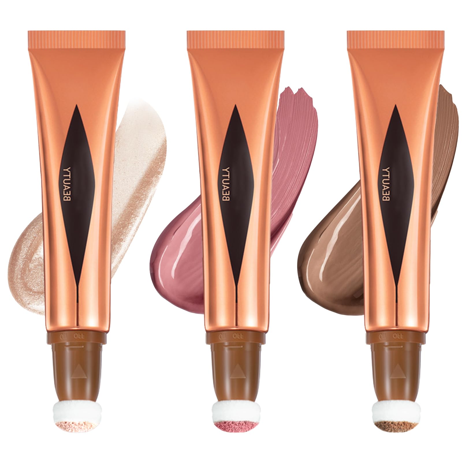 LINXINS Liquid Contour Wand 3PCS Blush Sets, Bronzer, Long Lasting Waterproof Beauty Wand With Cushion Applicator, Lightweight Fair Luminizer