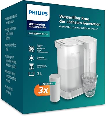 Water Wasserdispenser für gefiltertes Wasser auf Knopfdruck (3L) – Frisches und sauberes Wasser, 3x Anticalc+ Filter verbessert den Geschmack und reduziert Kalk sowie Verunreinigungen,BPA-frei