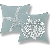 GOLIANDA Coastal Pillow Covers 16x16 Inch Set of 2 Blue Coral Starfish Throw Pillows Nautical Ocean Decorations Summer Linen Beach Pillowcase Outdoor Decor Farmhouse Cushion Case for Home Living Room