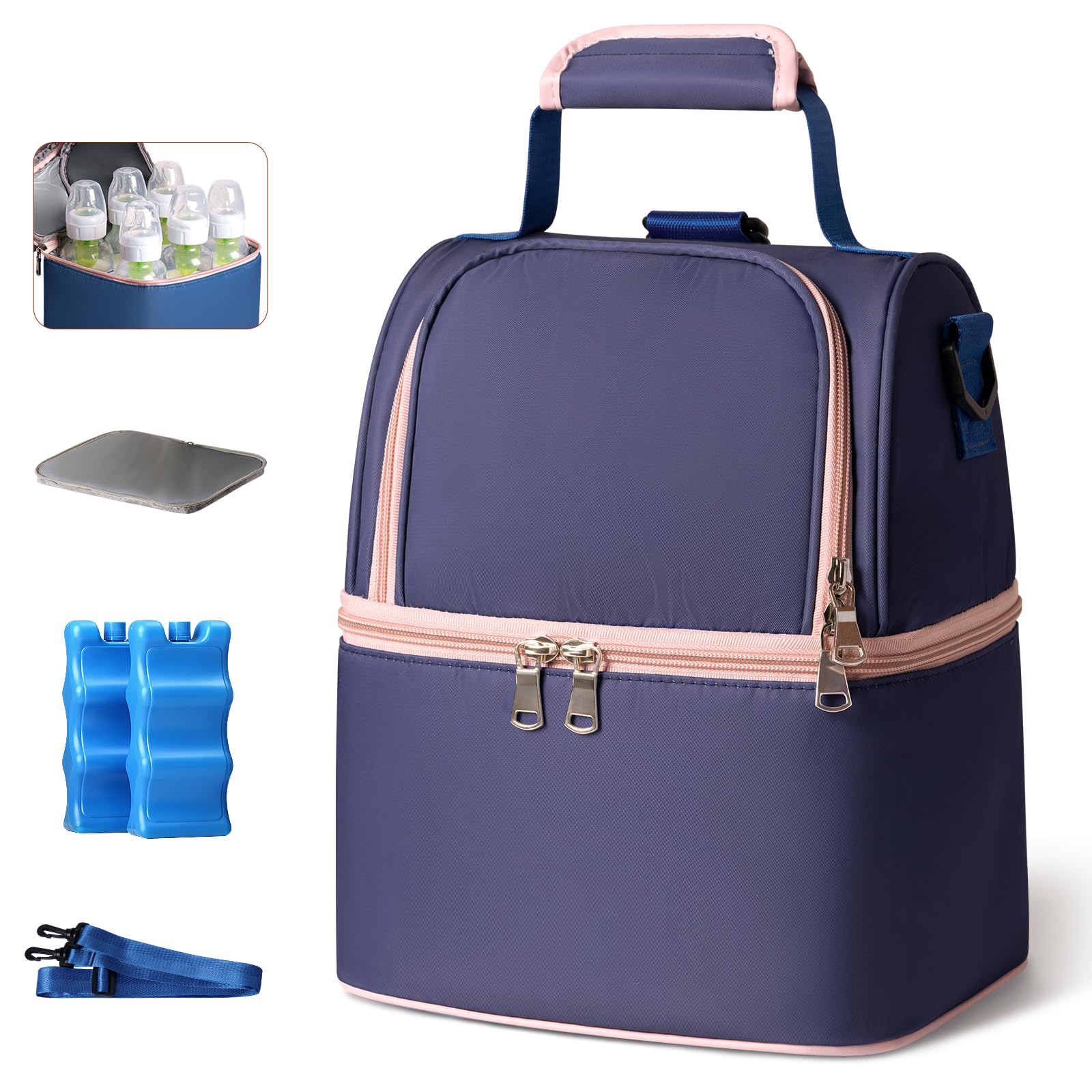 NCVI Breastmilk Cooler Bag with Ice Pack, Insulated Lunch Bag for Women Men, Baby Bottle Bag Fits 6 Bottles for Nursing Mom Daycare, Double Deck Cooling Bag, Work, Picnic (Purple)