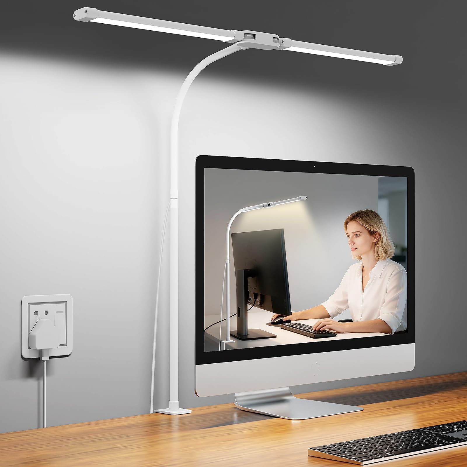 Woputne Desk Lamp with Clamp, Super Wide & Bright, 5 Color Modes x 10 Brightness Levels, 960LM, 5V 2A Adapter, Table Light, Flexible Dual Head Monitor Light for Office, Study, Crafts & Drawing, White