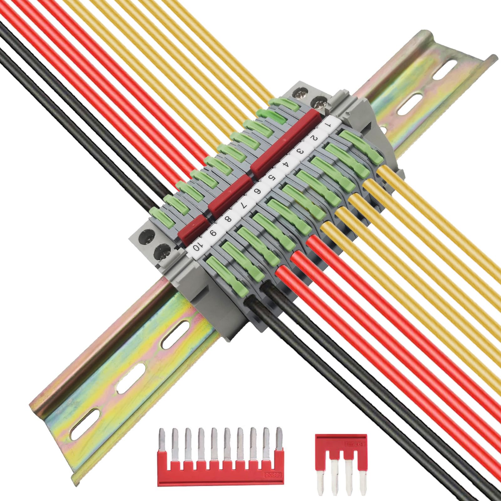CTRICALVER Universal Din Rail Terminal Block Kit, DIN Rail Connectors, 10 pcs Grass Green Quick Connection Terminal with Marker Strips,Securing clipand, Guide Rail and Connection bar