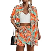 RITERA Womens Plus Size 2 Piece Outfits Cotton Linen Set Button Down Short Sleeve Shirt Drawstring Shorts Beach Vacation Sets