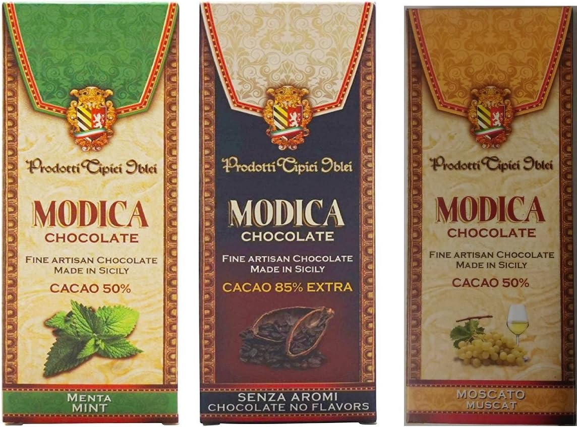 Prodotti Tipici Iblei: Modica Chocolate - Set of 3 Different Flavors (Moscato, Mint, Cocoa 85% Extra) [ Italian Import ]