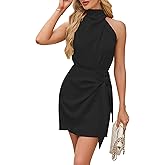 ZTMZA Womens Short Formal Satin Dress 2026 Summer Sleeveless Halter Neck Tie Waist Wrap Cocktail Wedding Party Mini Dresses
