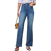 VPWHY Wide Leg Jeans for Women Raw Hem, Stretchy Straight Leg Womens Jeans High Waisted with 4 Patch Pockets