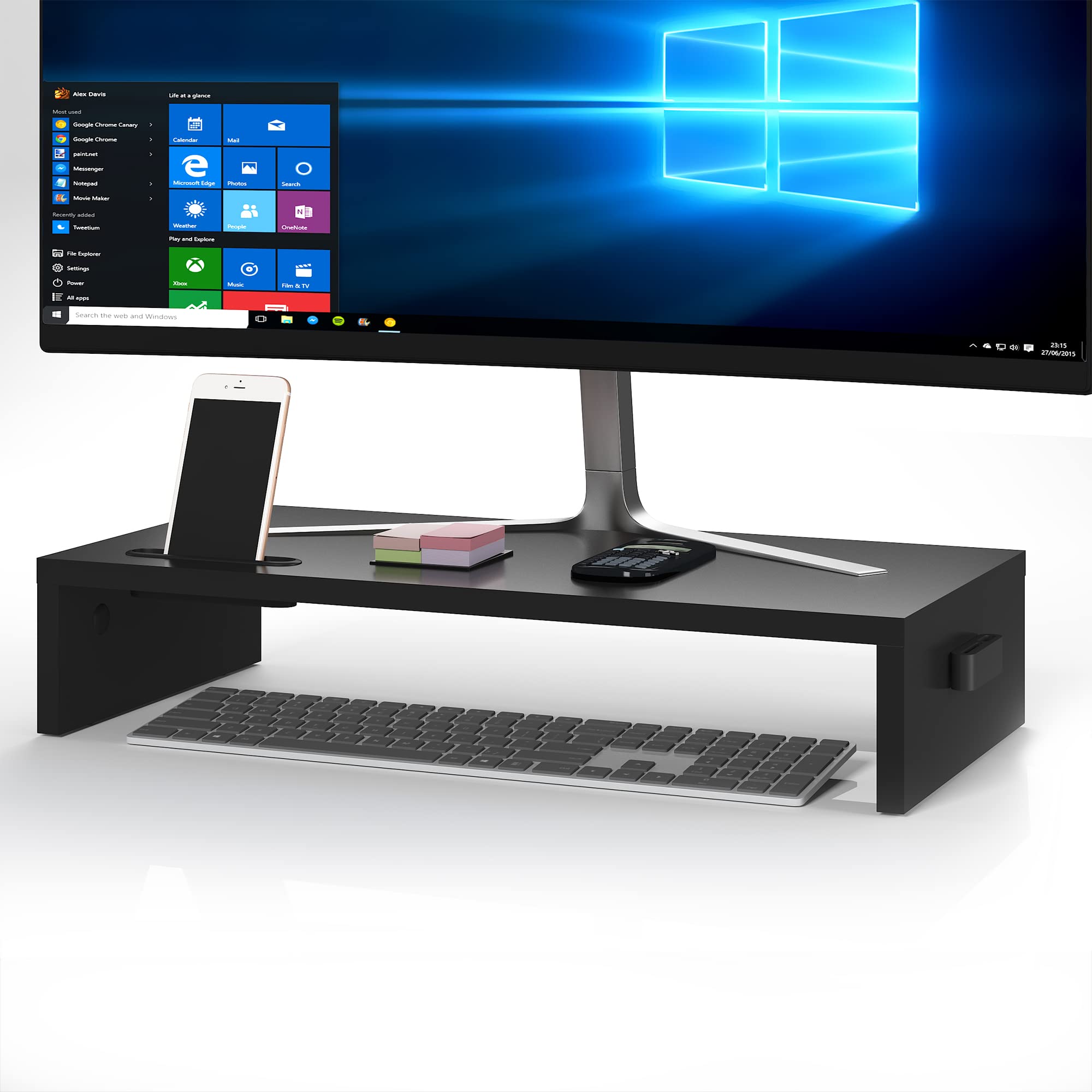 BONTEC Monitor Stand for Desk, Wooden Desk Riser, 540 x 255 x 104 mm, Ergonomic Monitor Riser with Phone Holder, Cable Management, Keyboard Storage, Desktop Organiser, 30 kg Load, Black