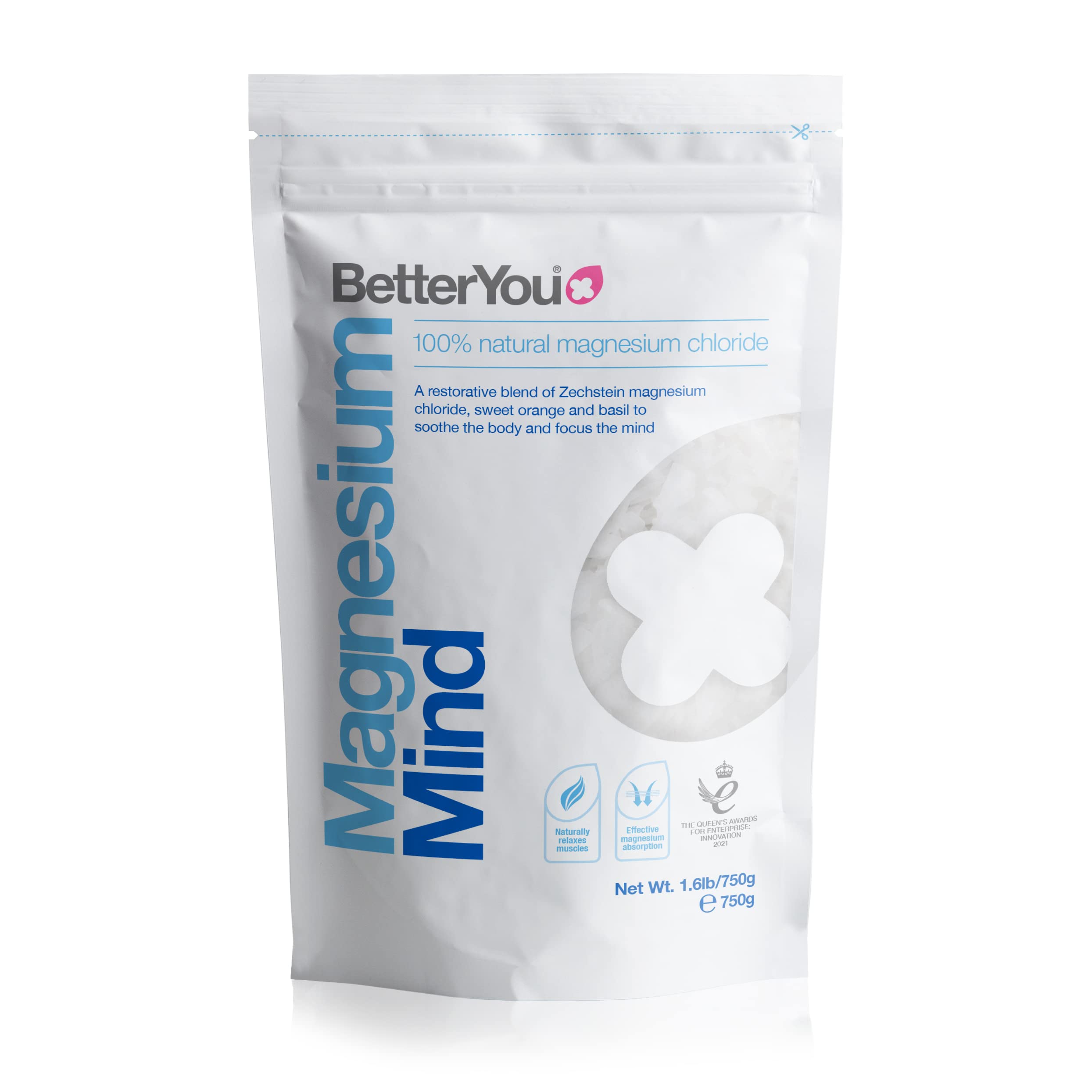 BetterYou Magnesium Mind Bath Flakes, Blend of Pure Zechstein Magnesium Chloride with Revitalising Essential Oils, Sweet Orange and Basil to Sooth Body and Mind, 750g