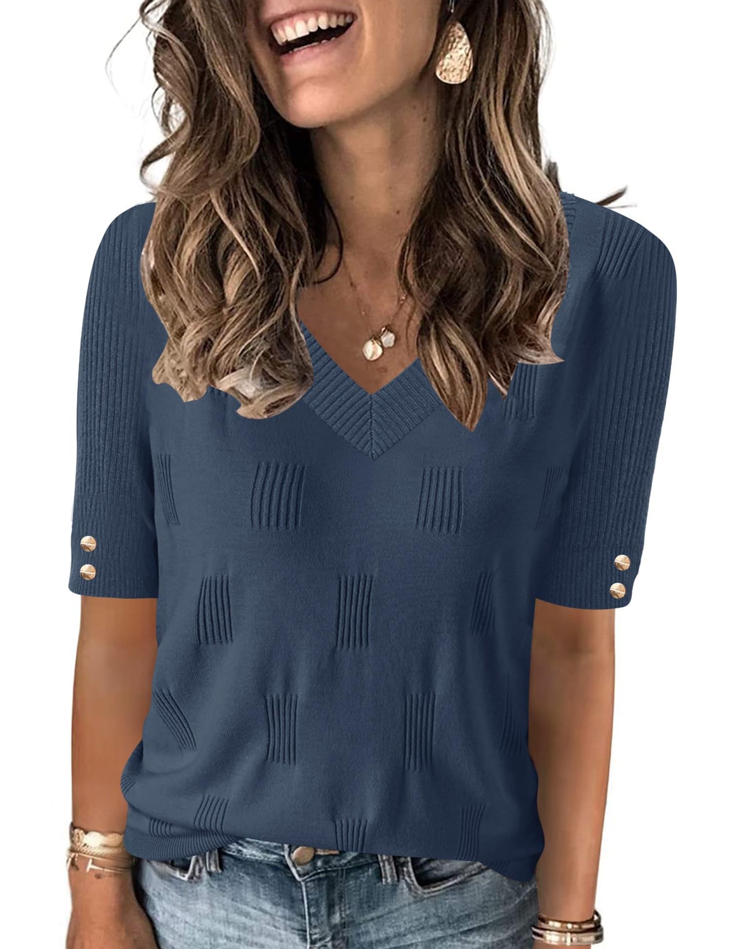 Photo 1 of ****SAME TOP****AKEWEI Sweater Women V Neck Short Sleeve Tops Spring Fashion Clothes 2025 Knit Pullover Blouses(Grey Blue,Large)