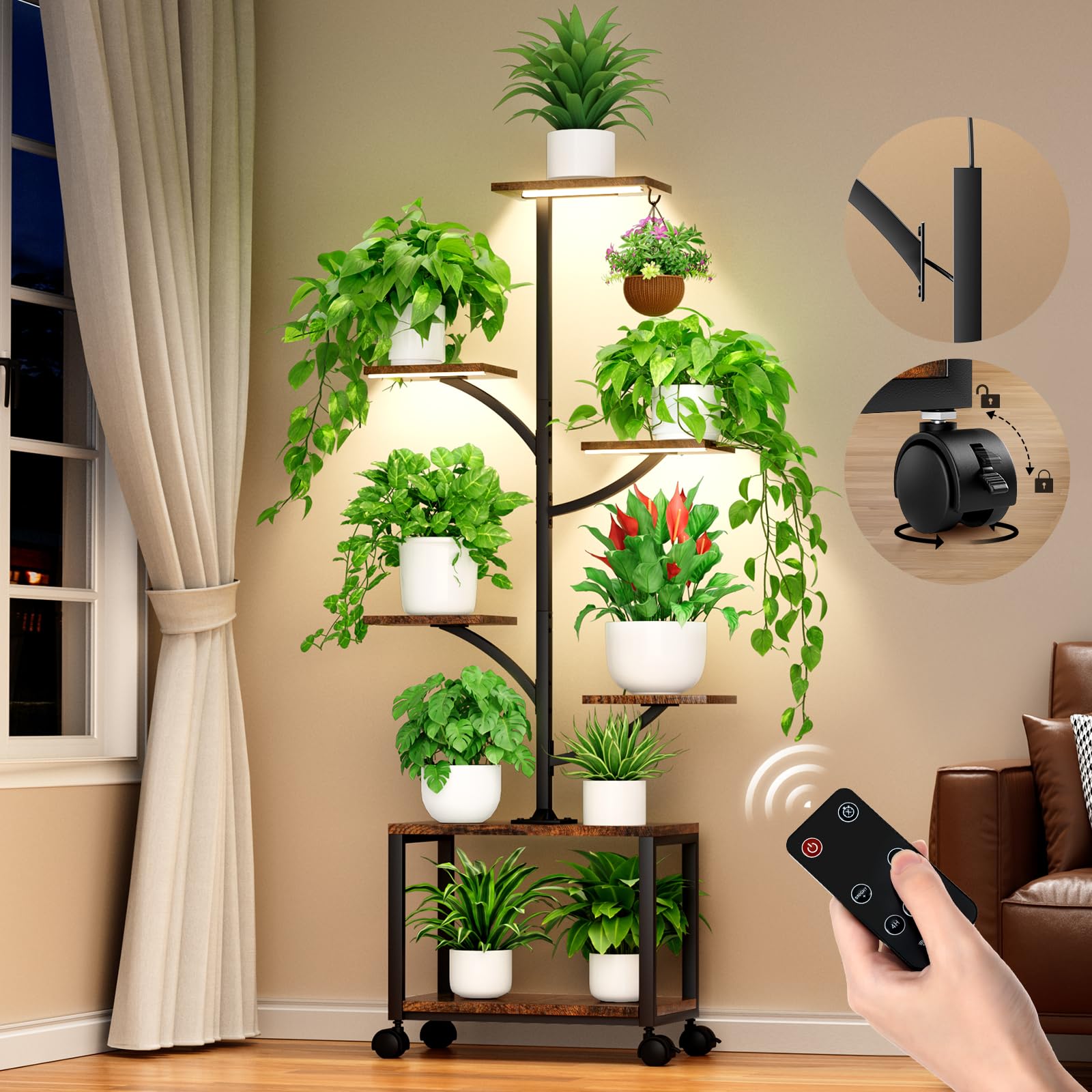 Photo 1 of ManGuish Plant Stand Indoor with Grow Lights & Wheels, 60" Tall 7-Tiered Mobile Corner Plant Shelf for Indoor Plants, Metal Tree-Shaped Plant Rack for Living Room, Patio, Balcony, Black