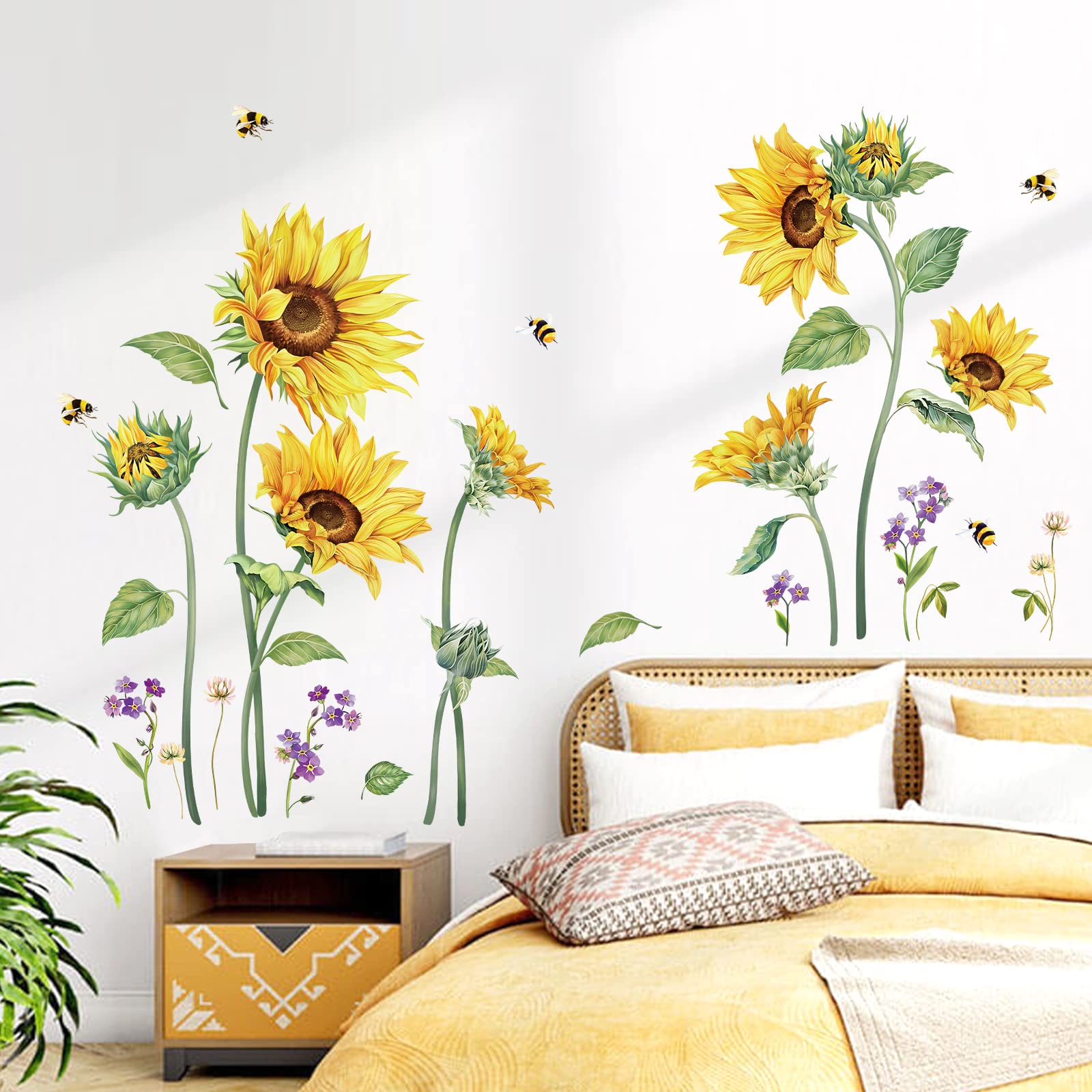 decalmile Sunflower Honeybee Wall Decals Garden Flower Wall Stickers Bedroom Living Room Sofa TV Background Wall Decor