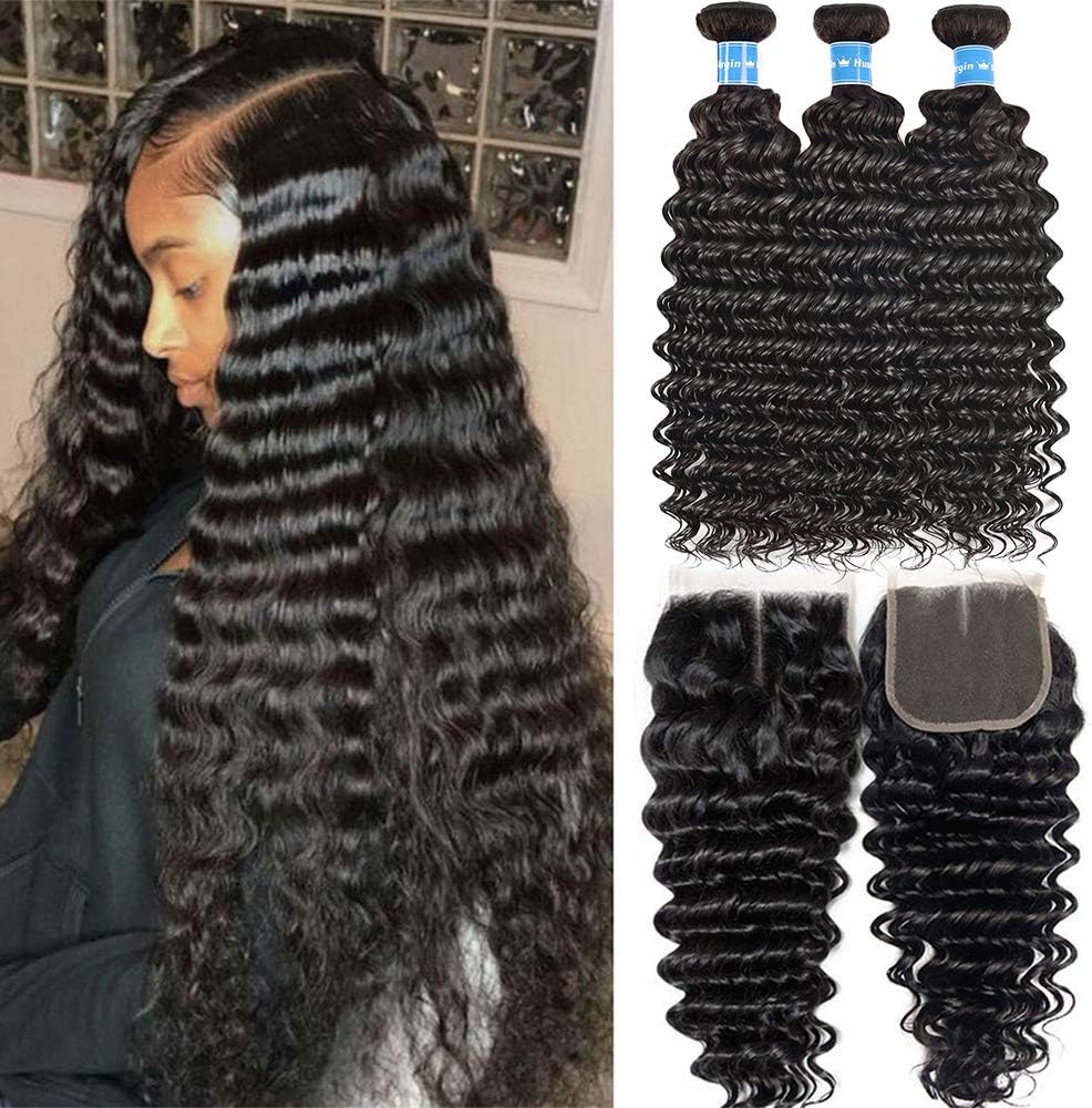 Deep Wave Bundles With Closure (22 24 26+20) Brazilian Hair Bundles With Closure Middle Part 100% Unprocessed Virgin Human Hair Can Be Dyed