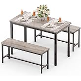 FAVSH Dining Table Set for 4, Kitchen Table with 2 Benchs, Grey | Modern Functional 3 Piece Space-Saving Dining Room Table Set for Apartment, Breakfast Nook, Small Space