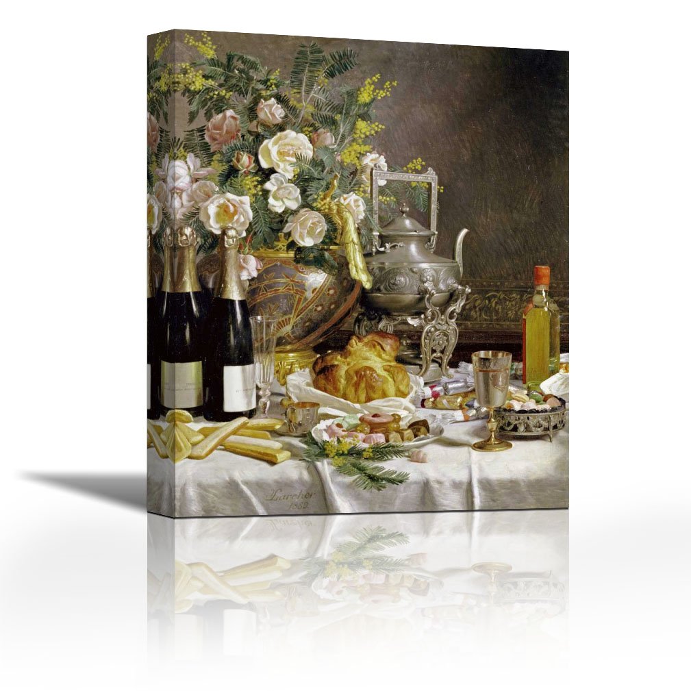 Karmakara Bottles Of Champagne Bread Biscuits And Cakes Print On Canvas Floral Botanical Abstract Art Wall Painting For Living Room Bedroom Drawing Room Ready To Hang Image Size Is 11 X