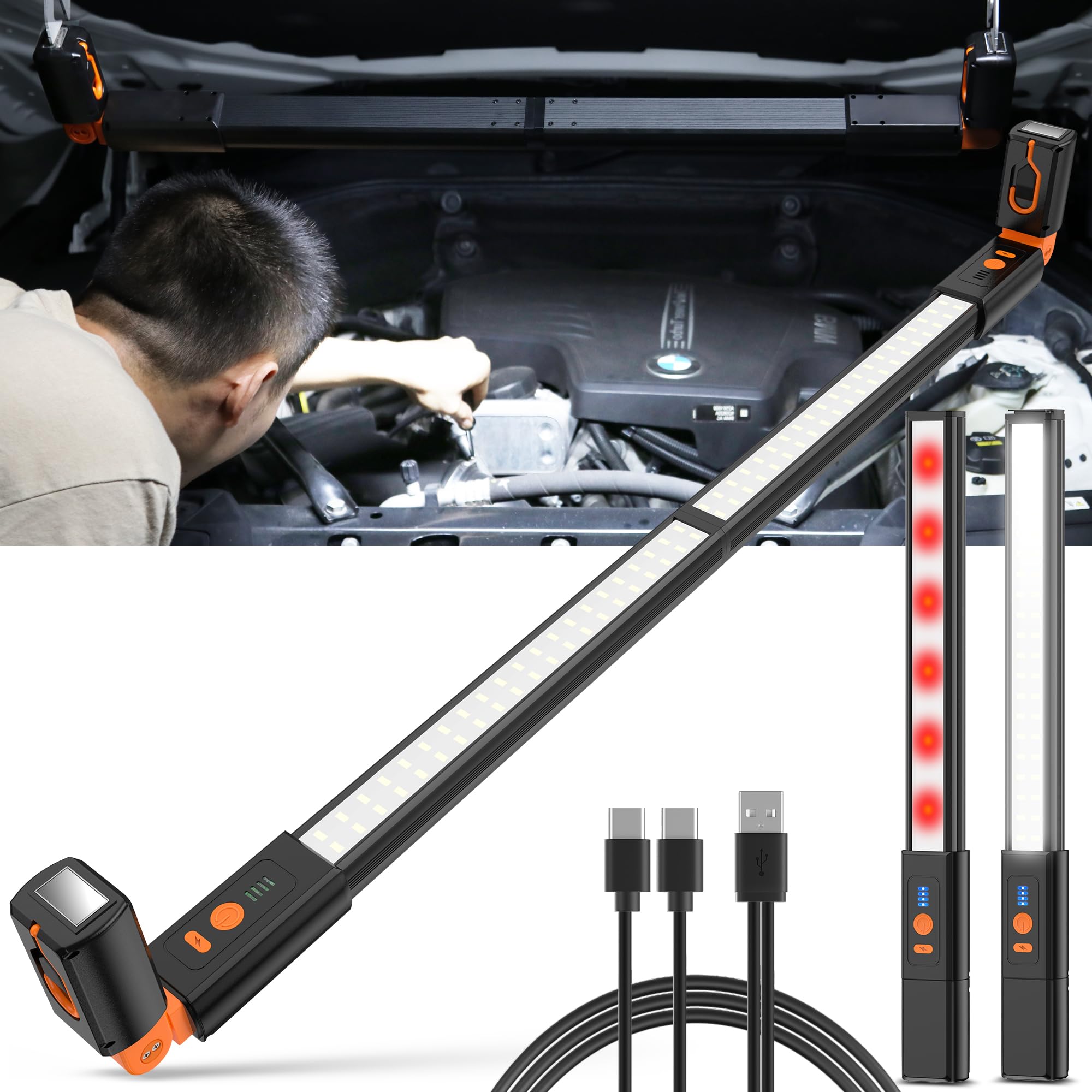 Photo 1 of YiaMia Detachable LED Work Light Rechargeable, Aluminum Panel Long Underhood Work Light, 6000mAh Hood Light Bar with Magnetic and Hooks, Cordless Bright Work Lamp for Car Repairing Garage Workshop