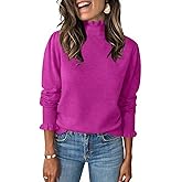 UNCLECAT Womens Ruffle Mock Neck Sweater Casual Puff Long Sleeve Fall Knit Trendy Pullover Sweater Tops