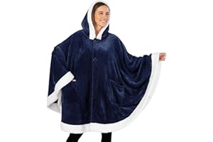 PAVILIA Wearable Blanket for Adult Women, Cozy Plush Fleece Blanket Poncho Cape with Hood, Super Soft Shawl, Angel Wrap Throw for Office, Navy Blue