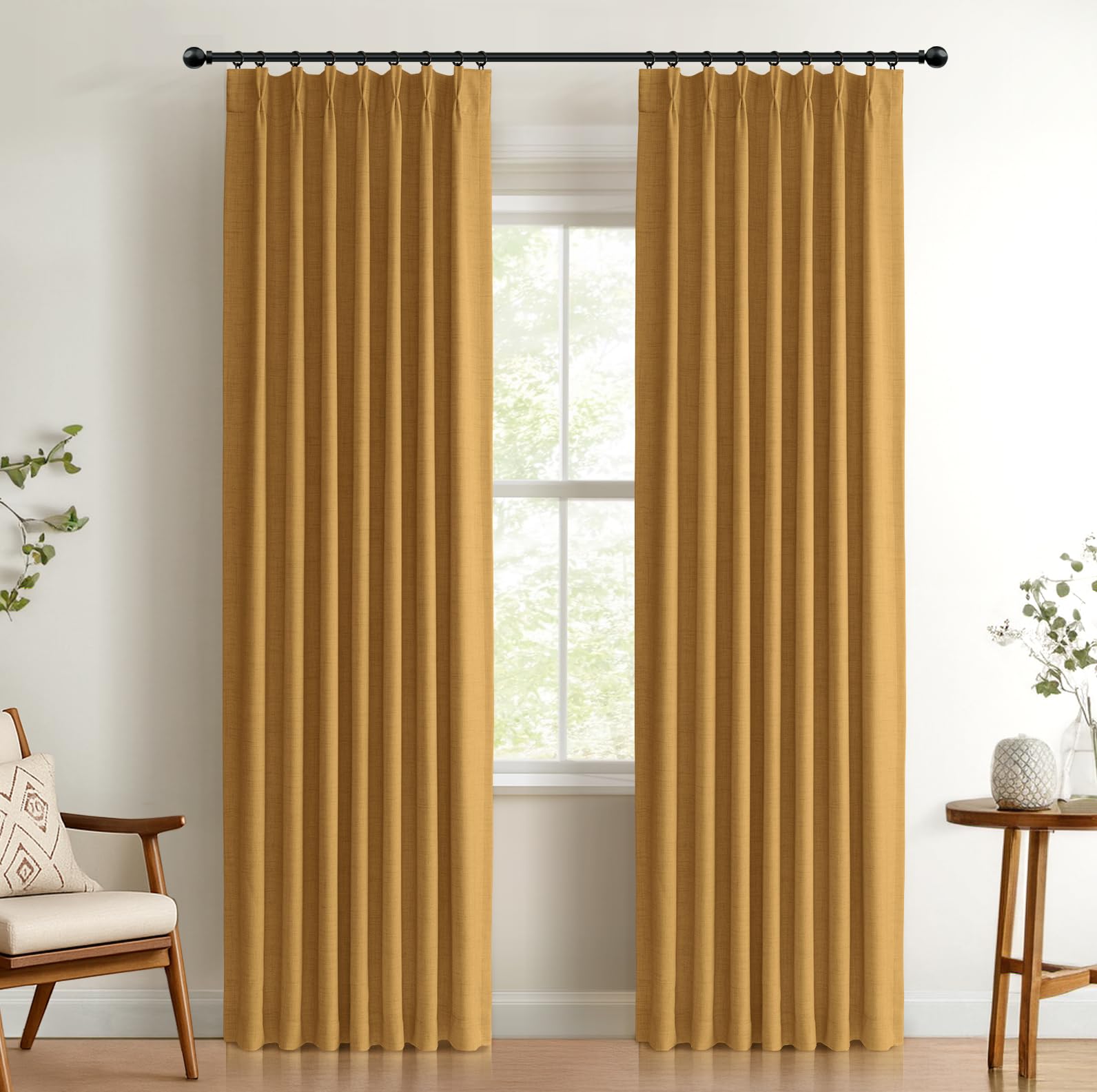 Photo 1 of 100% Blackout Shield Linen Look Textured Pinch Pleated Curtains Blackout Drapes 108 Inch Long 2 Panels Set, Faux Linen Blackout Curtains for Bedroom & Living Room, 40" W x 108" L, Mustard Yellow