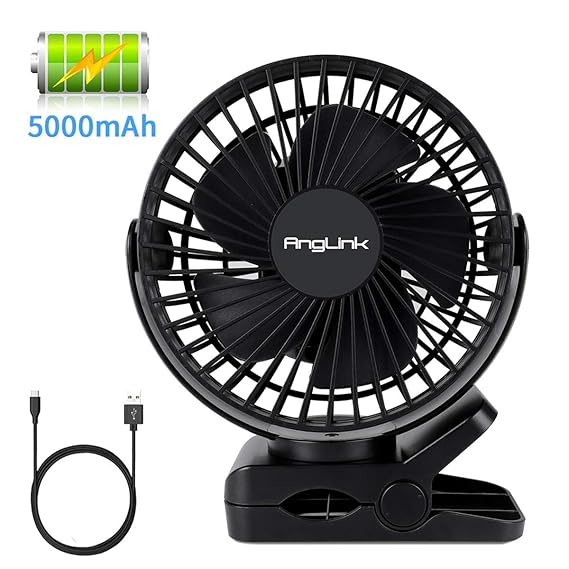 AngLink Mini Clip Ventilator, USB Ventilator mit 5000mAh Batteriebetrieben Mini Tischventilator Fan, 3 Geschwindigkeitsmodi, 