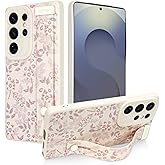 Ufbara Compatible with Samsung Galaxy S25 Ultra Case for Women Men, Cute Flower Floral Pattern, Built in Adjustable Metal Wrist Strap Grip Hand Holder Kickstand Soft Silicone Cover, White