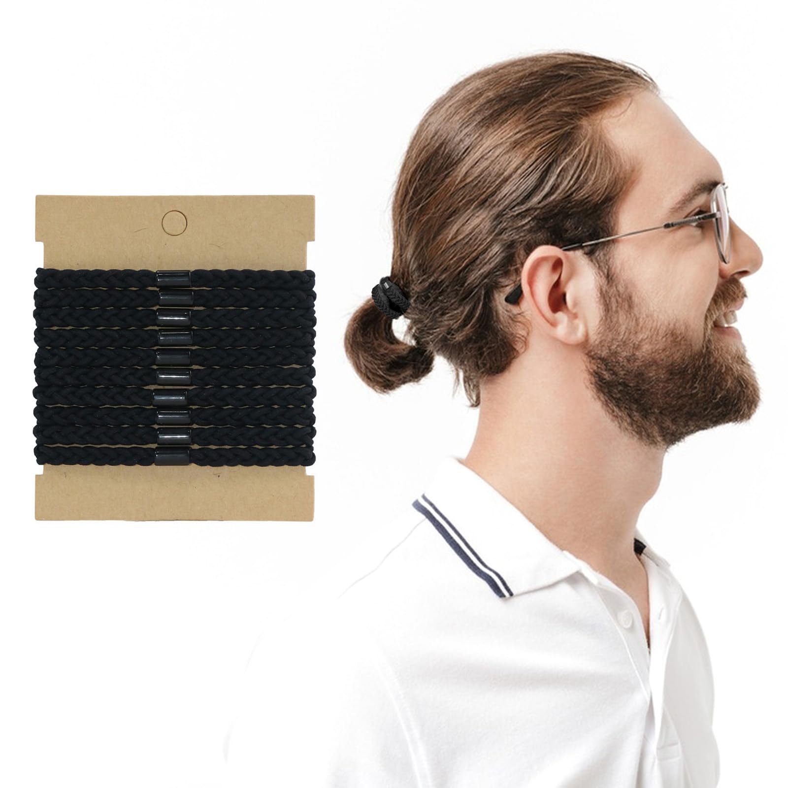 Hair Ties For Men, 10 Pcs Braided Elastic Mens Hair Bands No Damage Crease Breakage Hair Ties for Guys with Long Hair for Buns Curly Thick Dense Hair (Black 1) — image 1