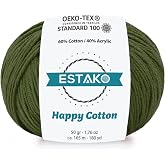 Estako Happy Cotton 60% Cotton 40% Acrylic Yarn, Sport 2, Olive Green | soft, fine, 50 g, 180 yds, baby clothes, amigurumi, 2-3 mm hook, summer tops, hats, blankets