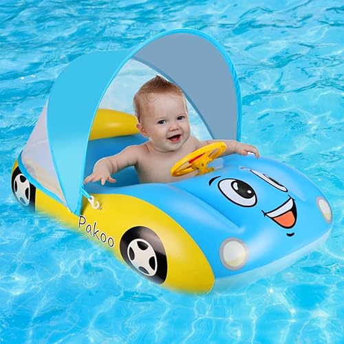 Baby Pool Float with UPF50+ Adjustable Canopy, Inflatable Toddler Car Swim Float Toddler Floaties Infant Pool Float Toys for Baby 18-36 Months