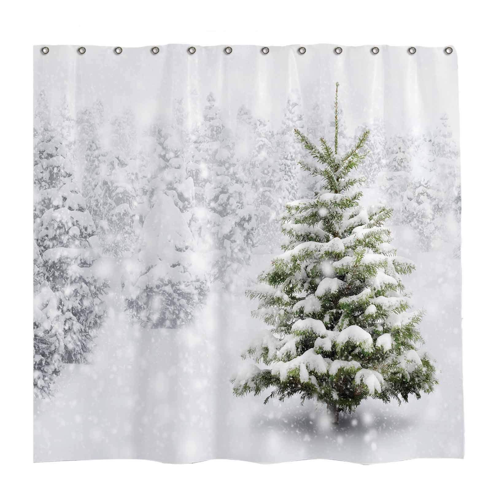 GOOESING Christmas Shower Curtain Set with 12 Hooks Natural Winter Forest Snowflake Snowfall Bathroom Curtain Durable Waterproof Fabric Bathtub Sets Home Decor
