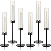Black Hurricane Candle Holders, Set of 6 Glass Taper Candlestick Holders Metal Candle Stands Bulk with Ribbed Glass Cover for Dining Tables Wedding Candelabra Centerpieces Decor
