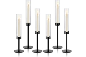 ASHELYULLA Black Hurricane Candle Holders, Set of 6 Glass Taper Candlestick Holders Metal Candle Stands Bulk with Ribbed Glass Cover for Dining Tables Wedding Candelabra Centerpieces Decor