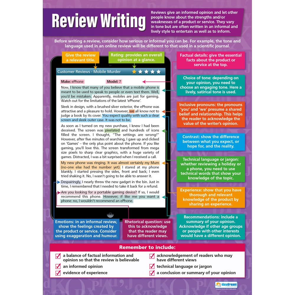 Daydream Education Review Writing | English Posters | Laminated Gloss Paper measuring 850mm x 594mm (A1) | Language Classroom Posters | Education Charts
