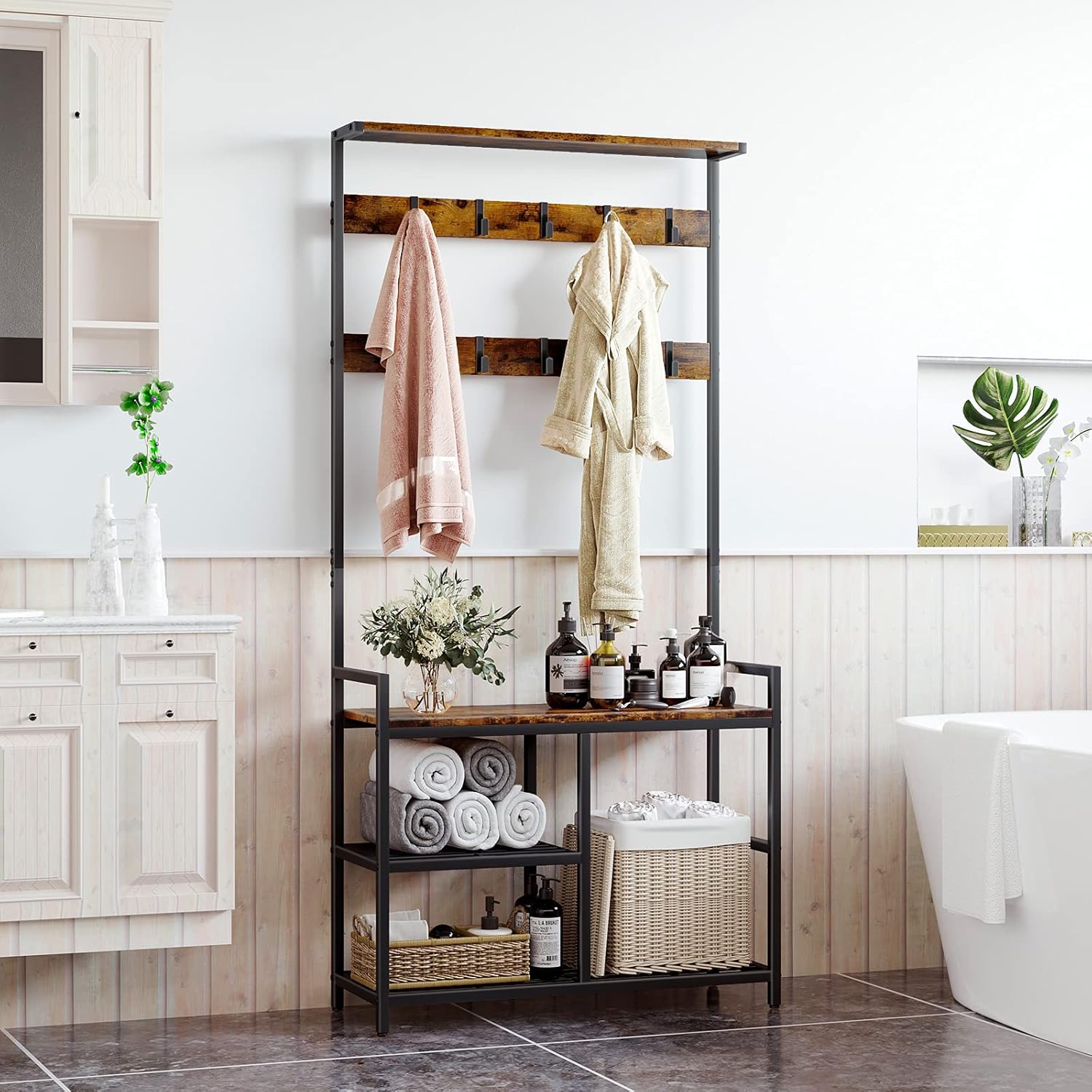 ODK 3 in 1 Hall Tree Coat Rack and Shoe Bench Entryway Storage Shelves, Multipurpose Furniture Organizer with Industrial Design Metal Frame, Rustic Brown: Home Improvement