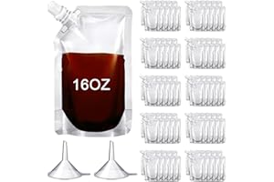 Meanplan 100 Pcs Plastic Pouches Bulk Reusable Squeeze Pouches Clear Juice Drink Bags Leak Proof with Funnel for Adults Travel Beverage Women Men(16 oz,Inclined Mouth)