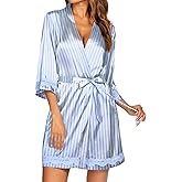 Ekouaer Women's Lace-Trim Silk Robes Bride Bridesmaid Kimono Satin Bathrobe V Neck Sleepwear with 3/4 Sleeve