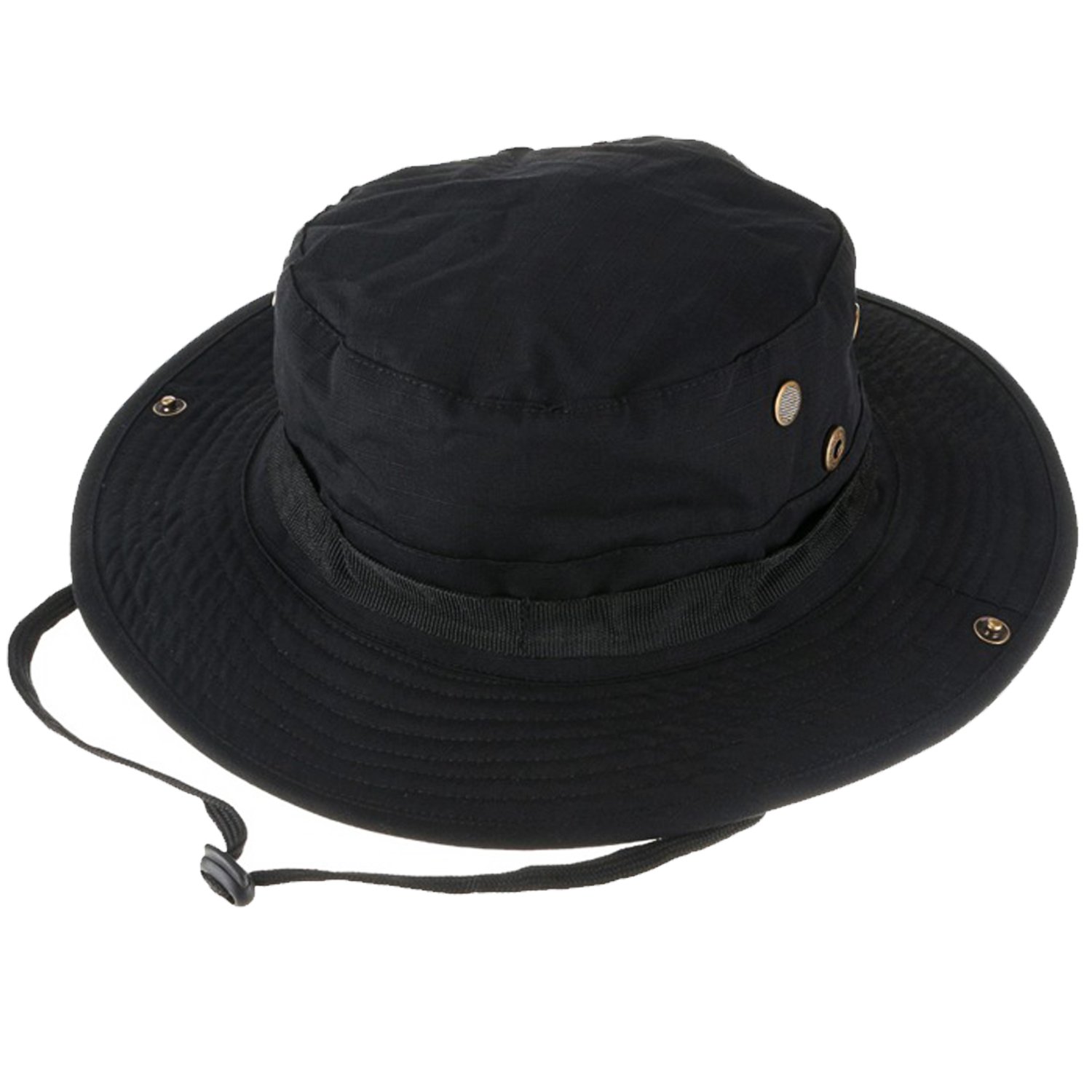 QMFIVE Tactical Boonie Hat, Unisex Camouflage Rounded Hat Fisherman Sun Protection Cap for Outdoor Airsoft Paintball Climb Camping (1, BK)