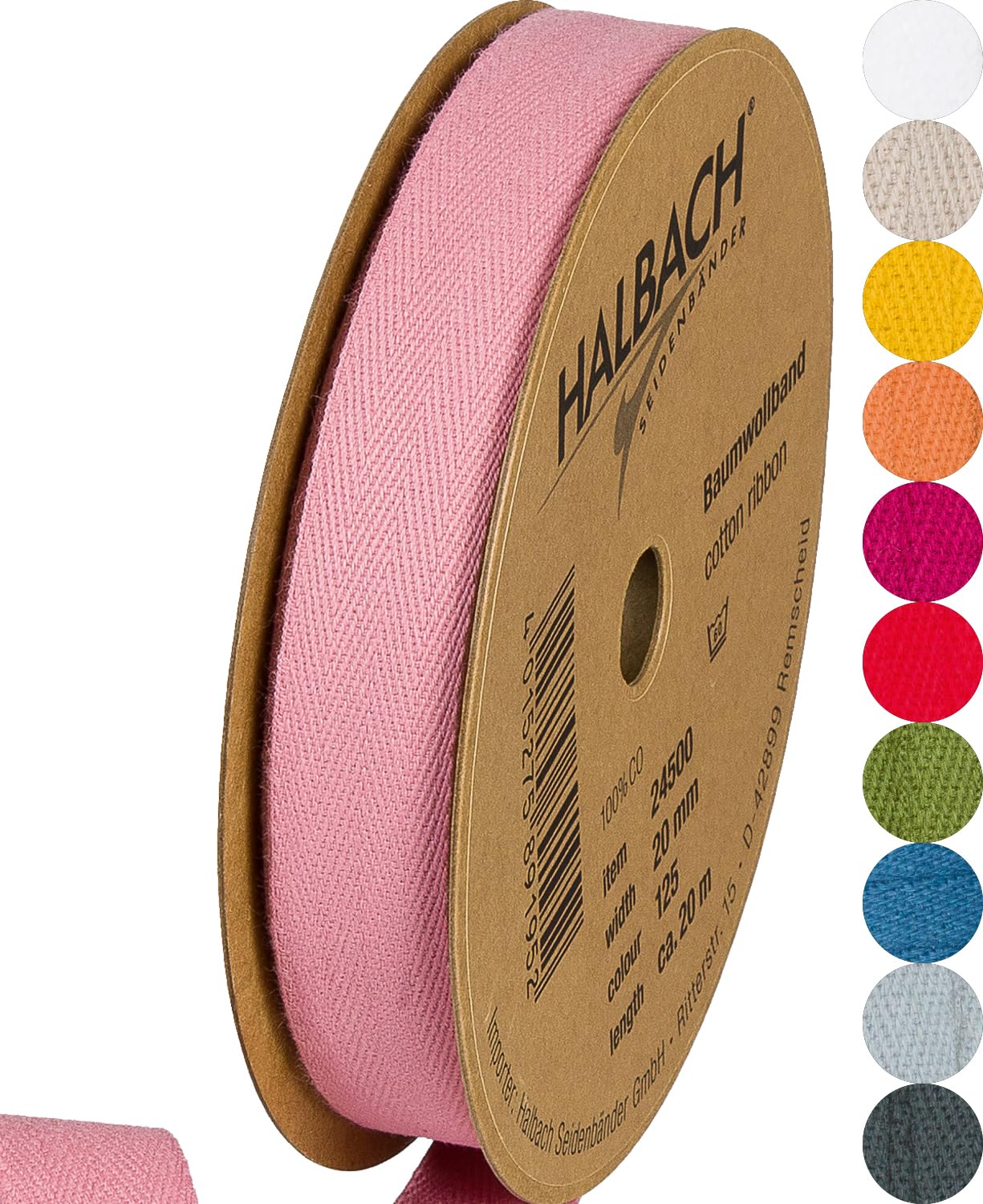 Halbach Seidenbänder Cotton Tape 20 mm x 20 m, Tapes for Crafts as Sold by The Metre, Fabric Tape for Decorations, Woven Tape 100% Cotton for DIY Crafts, Bias Binding for Sewing, Colour: Rose, 24500 — image 1