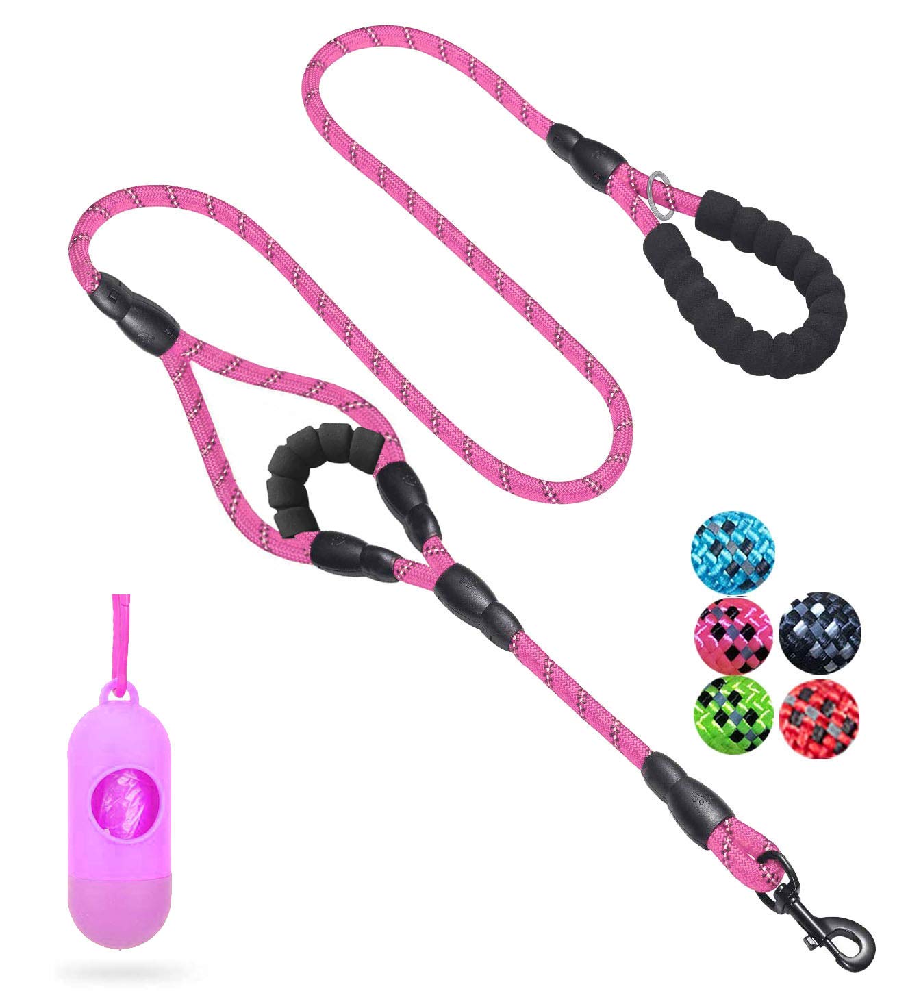 JSXD 5 FT Heavy Duty Double Handle Dog Leash with Comfortable Padded and Reflective Rope, for Small, Medium, Large Dogs (Rope-Pink)
