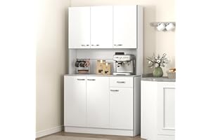 HOMCOM 71" Kitchen Pantry Cabinet, Tall Storage Cabinet with Microwave Stand, Modern Kitchen Hutch with Countertop, 6 Doors, Storage Drawer, 3 Adjustable Shelves for Living Room, Dining Room, White