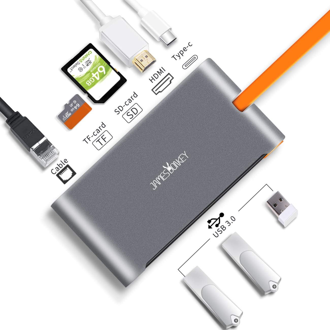 USB C Hub, Pybbo 8 in 1 USB C Adapter, Type C Hub with Ethernet Port, 4K USB C to HDMI, VGA, USB-C 100W Power Delivery, 4 USB3.0, SD TF Card Reader, Works for MacBook/Pro/Air and Type C Windows Laptop