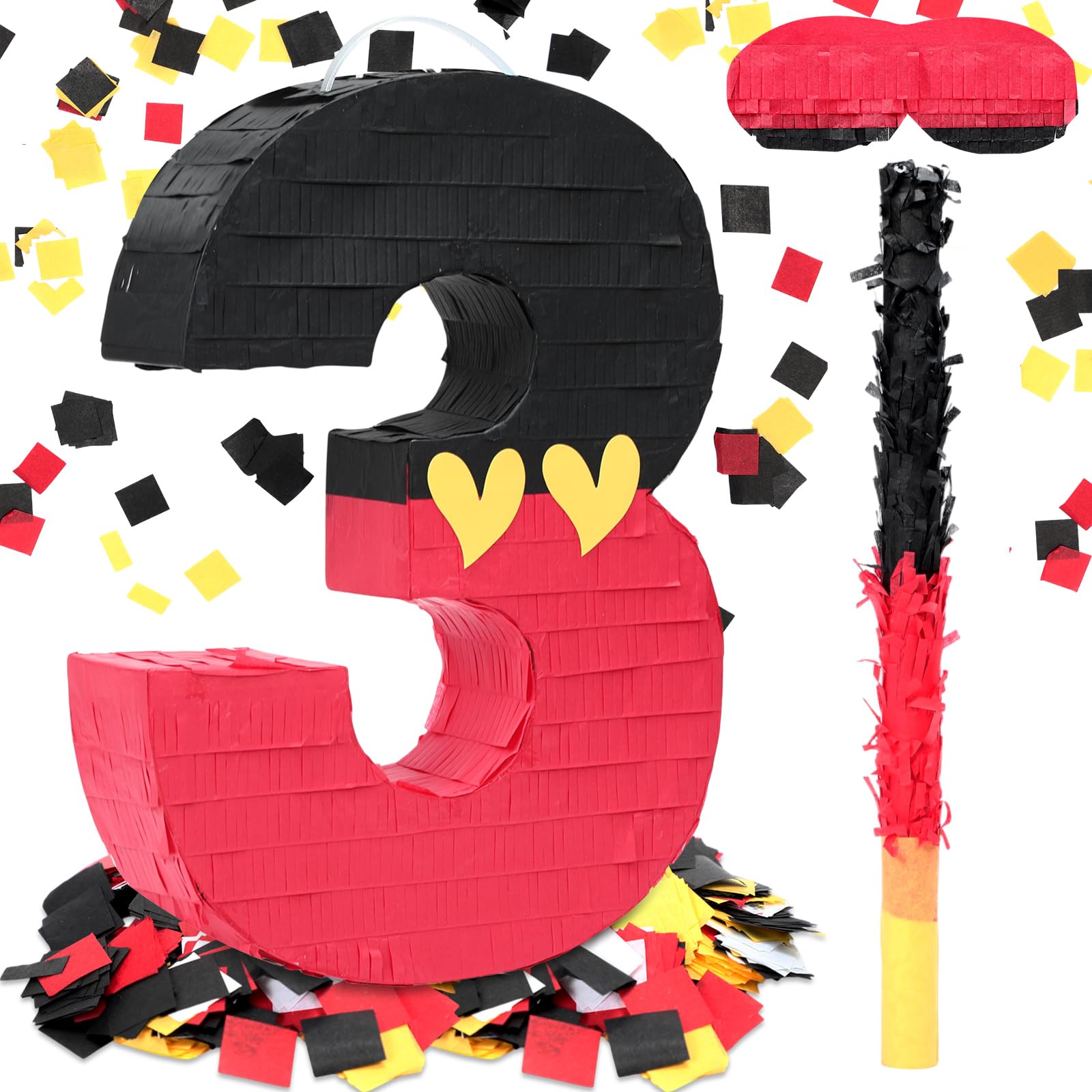 Photo 1 of RoundFunny Number 3 Piñata Black Red Piñata First Birthday Party Supplies for Celebration for Boys Girls Fun Yellow Heart Black and Red Themed Party Decor 14.9 X 11 X 2.8 Inches