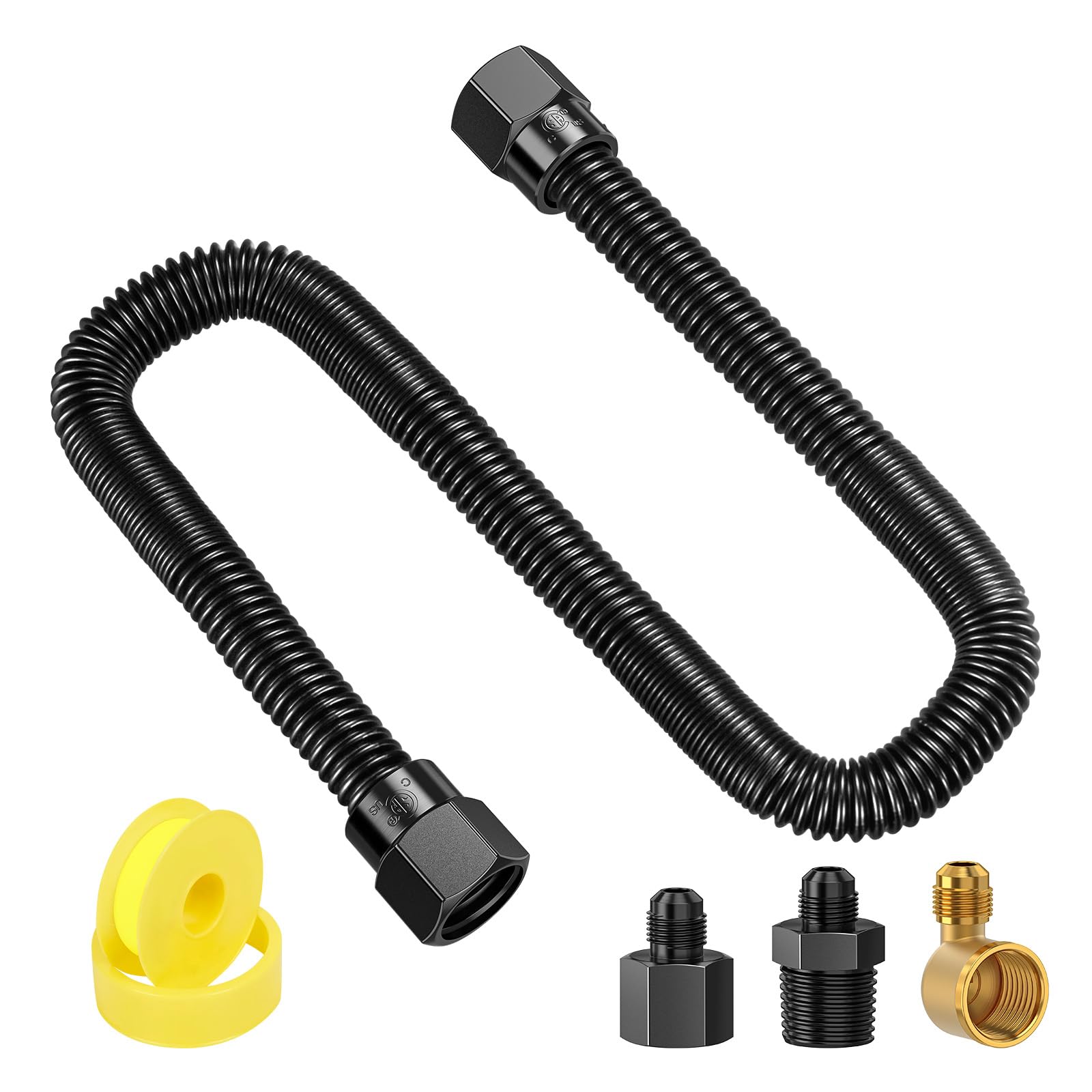 Photo 1 of Alloxity 3/8" Flex Gas Line, 18” Non-Whistle Gas Connector Kit for NG/LP Fire Pit/Fireplace/Gas Log/Heater, Black Whistle Free Gas Line