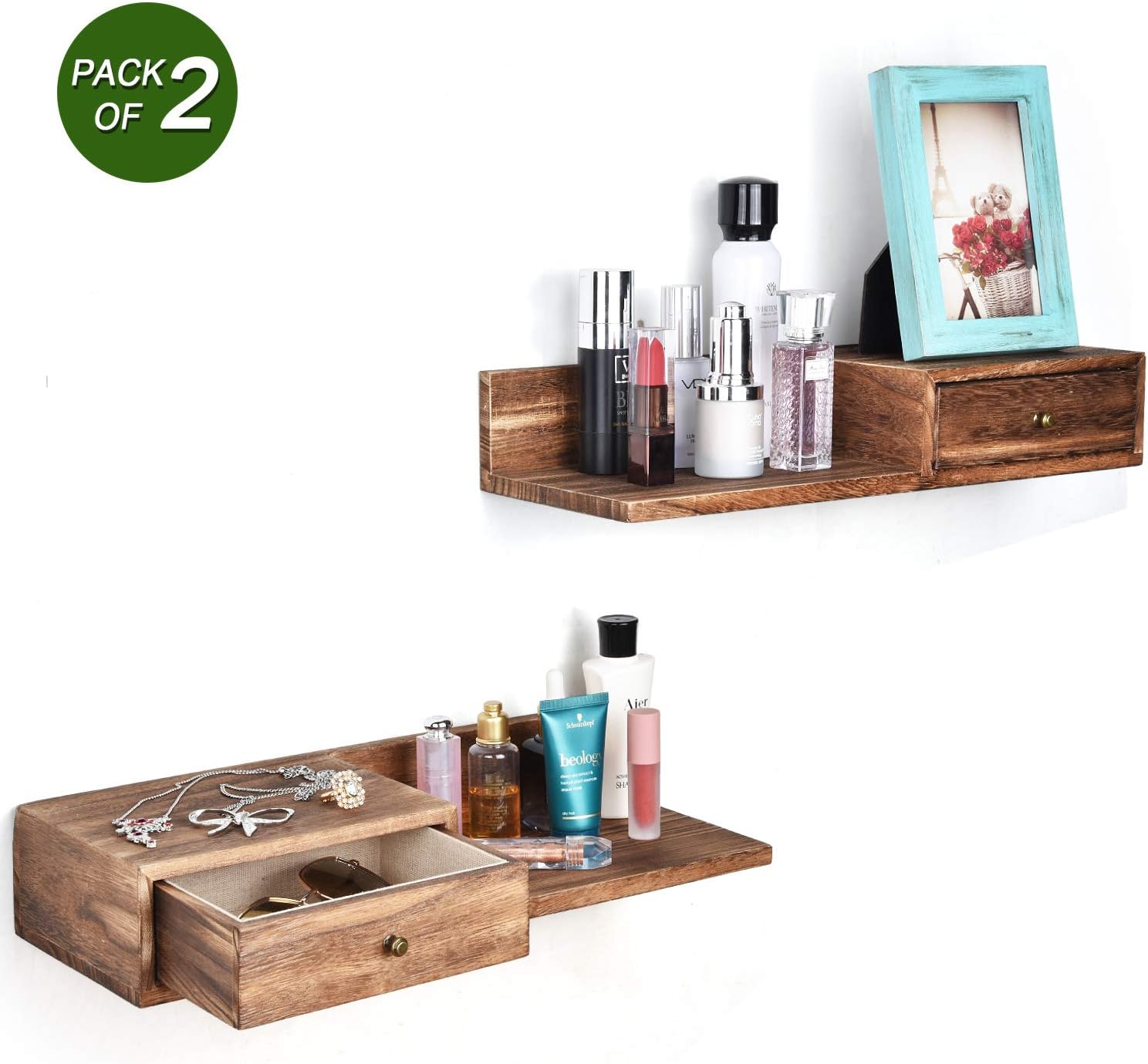 Emfogo Floating Shelves with Drawer Rustic Solid Wood Wall