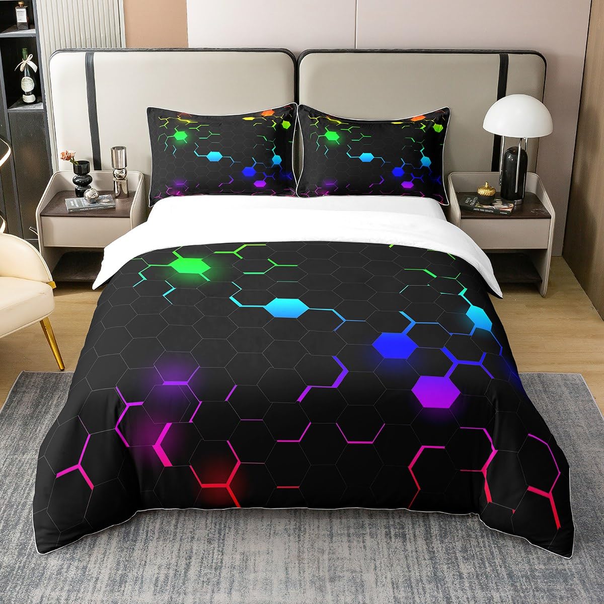 Modern Metal Honeycomb 100 Cotton Duvet Cover Double,Colorful Ombre Geometric Bedding Set,Hexagon Beehive Comforter Cover,Kids Boys Girls Honeycomb Quilt Cover with 2 Pillowcases,Green — image 1