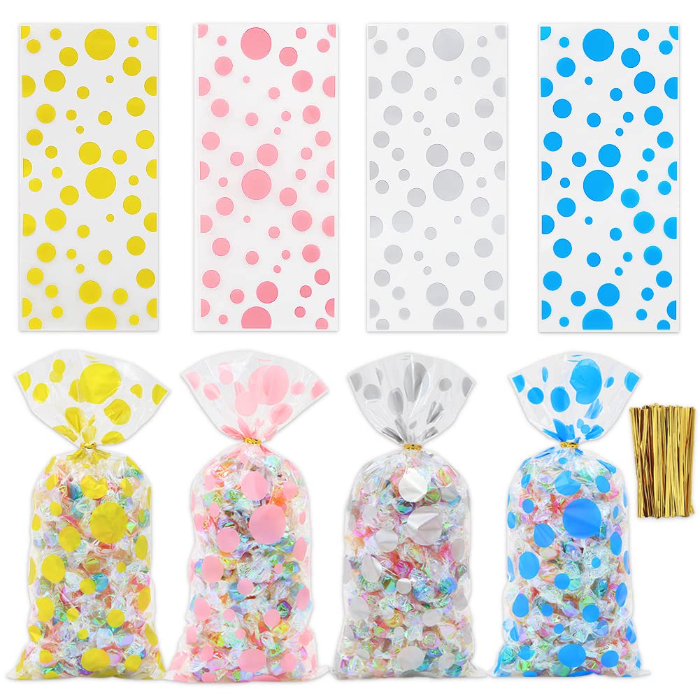 Polka Dot Cellophane Bags, 100pcs Clear Treat Bags with 100 Twist Ties for Goodies, Cookies, Nuts, Gift Wrap, Wedding, Birthday Party Favor Supplies (4 Patterns)