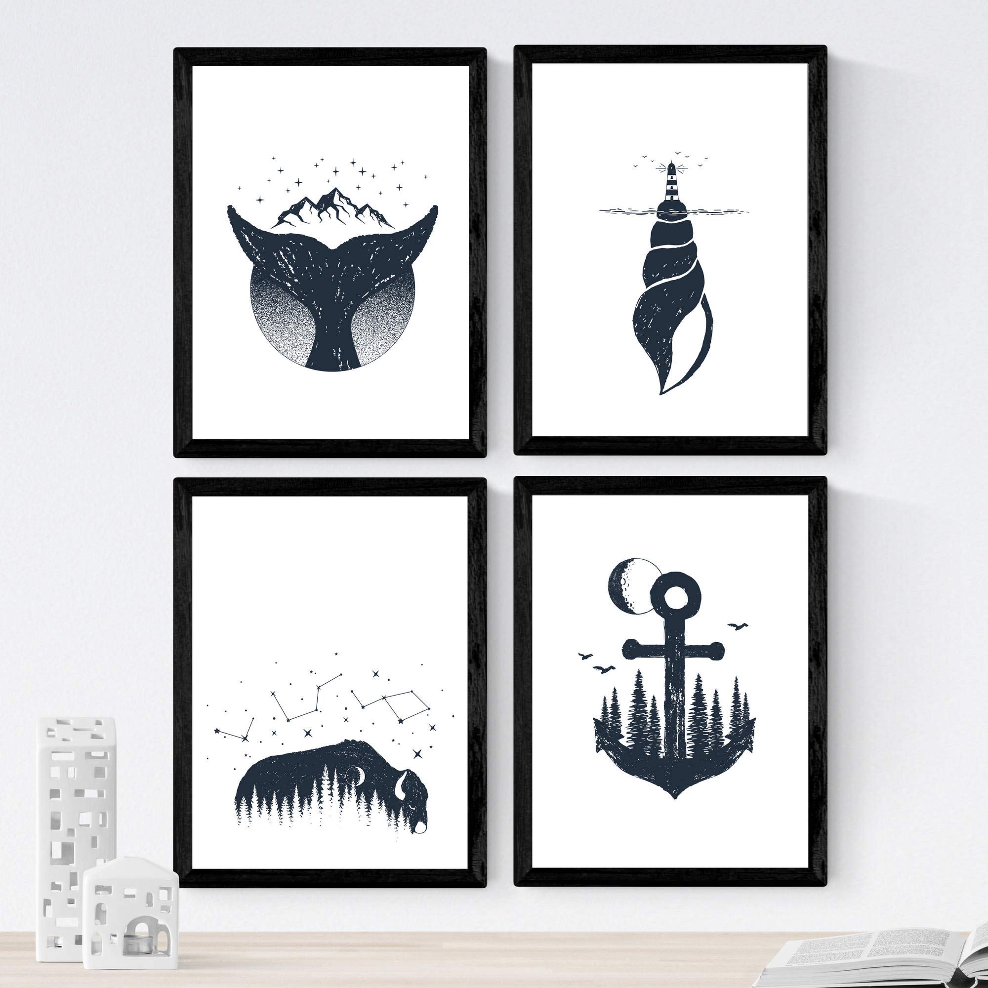Nacnic Set of 4 prints of Earth and Water. Beautiful nature designs in nordic style. Wall decoration for your home, office or shop. A4, frameless.